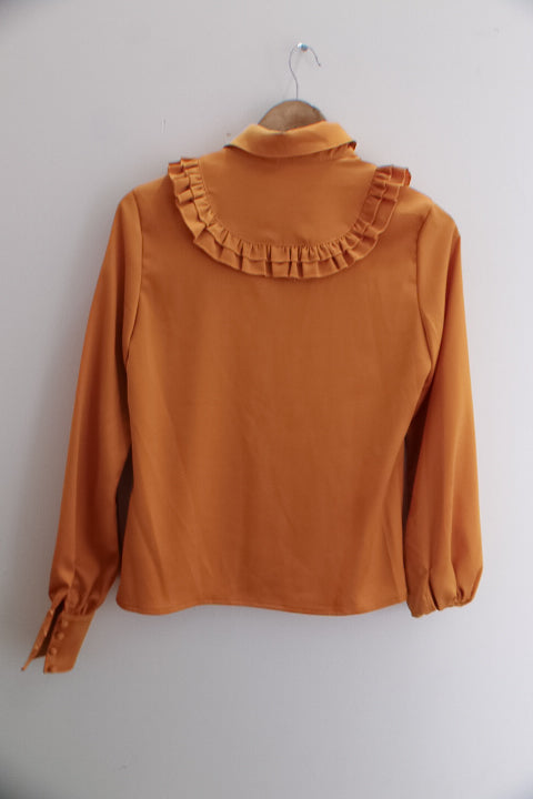 Vintage Nasty Gal womens yellow long sleeve silk ruffle front collared shirt