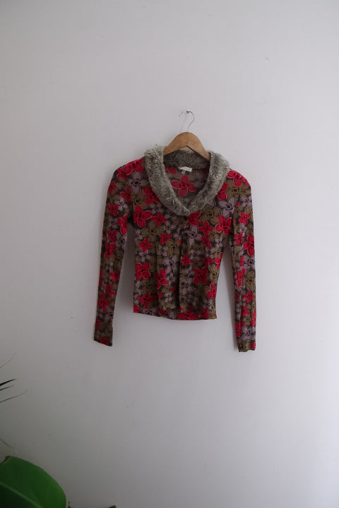 Vintage Kookai womens fur neck floral print multi long sleeve blouse
