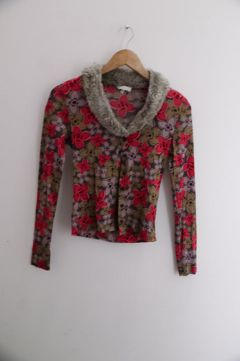 Vintage Kookai womens fur neck floral print multi long sleeve blouse