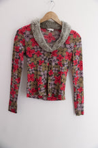 Vintage Kookai womens fur neck floral print multi long sleeve blouse