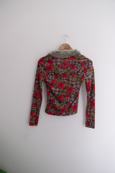 Vintage Kookai womens fur neck floral print multi long sleeve blouse