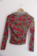 Vintage Kookai womens fur neck floral print multi long sleeve blouse