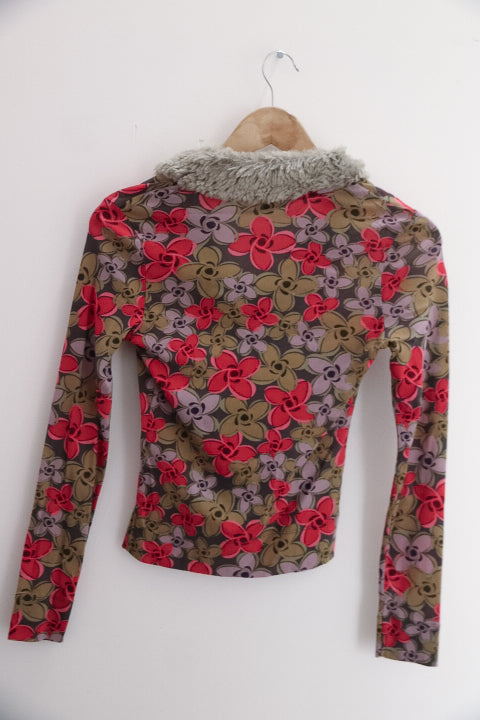 Vintage Kookai womens fur neck floral print multi long sleeve blouse