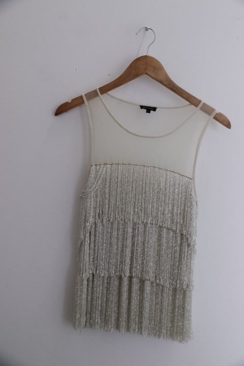 Vintage River Island Premium Embellished Fringe White Medium Mini Dress