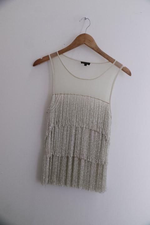 Vintage River Island Premium Embellished Fringe White Medium Mini Dress