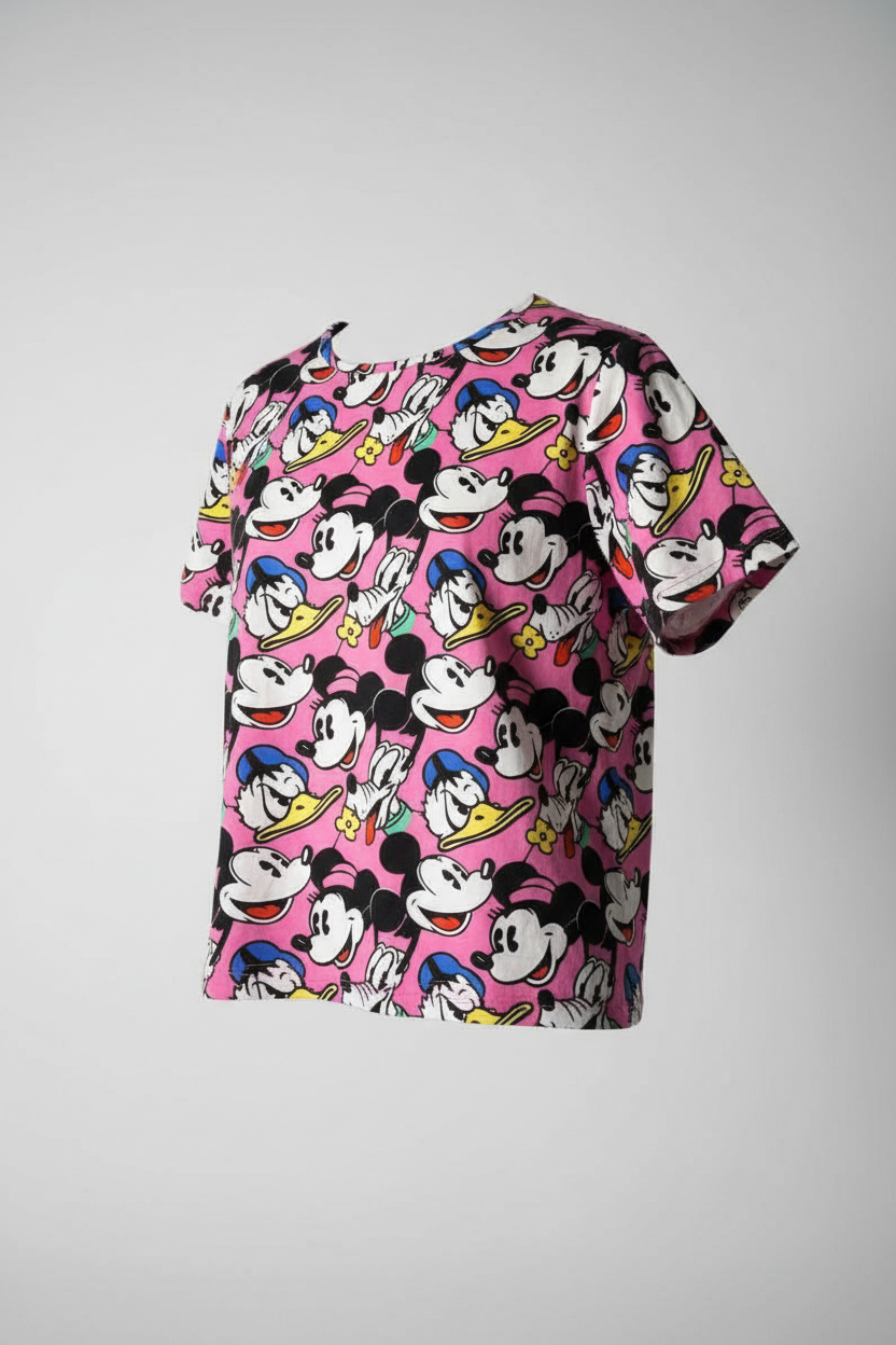 Vintage pink Mickey Mouse all over print Disney cartoon women’s T-shirt in S/M|L18 W16|SKU 5464