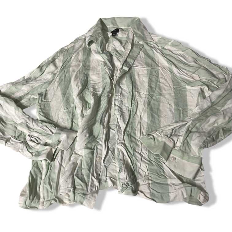 Vintage women's River island Mint green & white stripe Linen Blend Shirt in L|L28 W22| SKU 5470