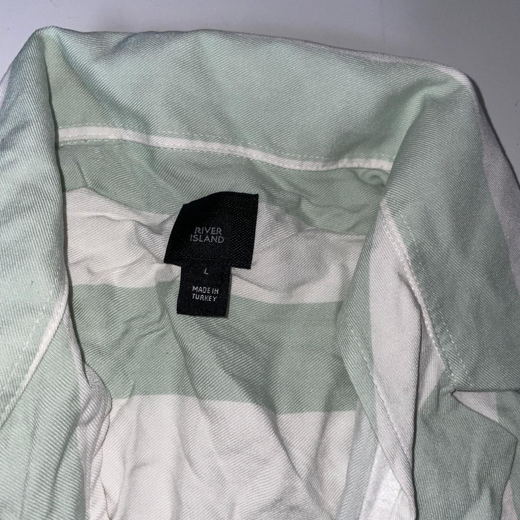 Vintage women's River island Mint green & white stripe Linen Blend Shirt in L|L28 W22| SKU 5470