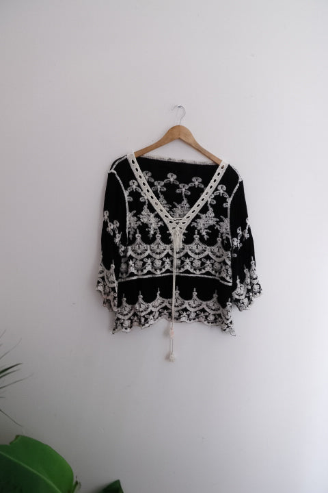 Vintage Womens Fashion Summer Tops Lace Black Large Blouse