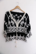 Vintage Womens Fashion Summer Tops Lace Black Large Blouse
