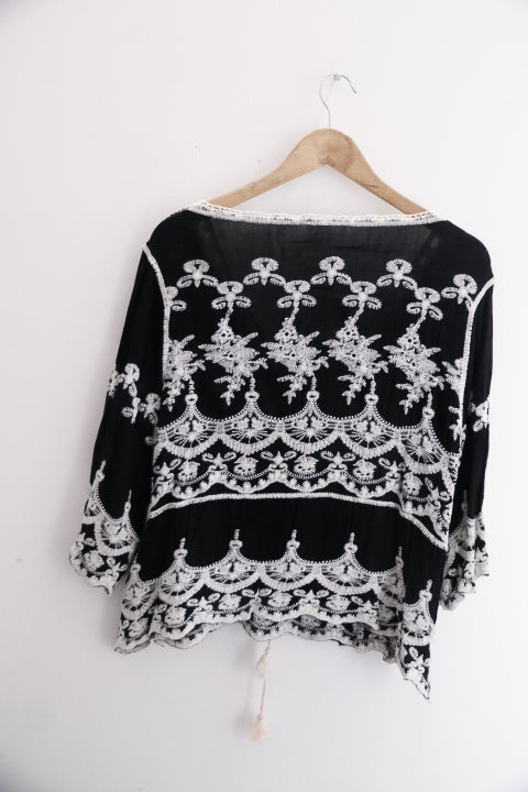 Vintage Womens Fashion Summer Tops Lace Black Large Blouse