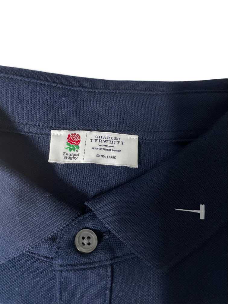 Vintage men Charles Tyrwhitt England Rugby navy blue patterned polo shirt in XL|L31W22|SKU 5474
