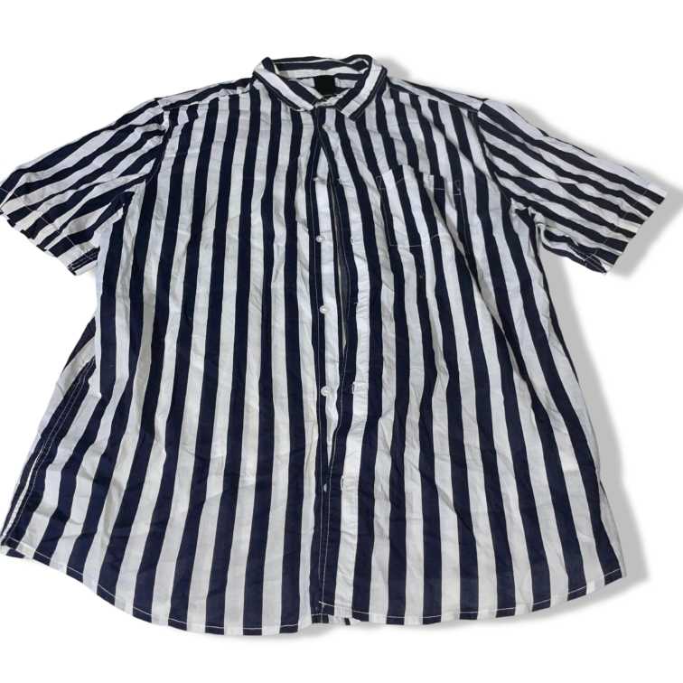 Vintage H&M mens button up white & navy blue striped short sleeve shirt in L|L32W20|SKU 5489