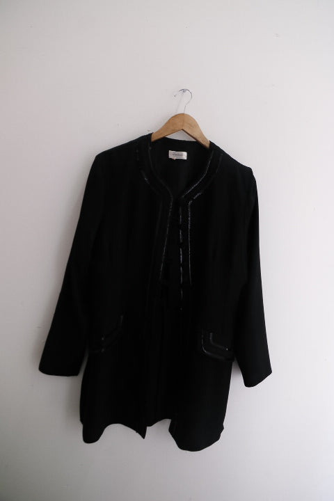 Vintage womens black midlength coat With Frog & Ribbon