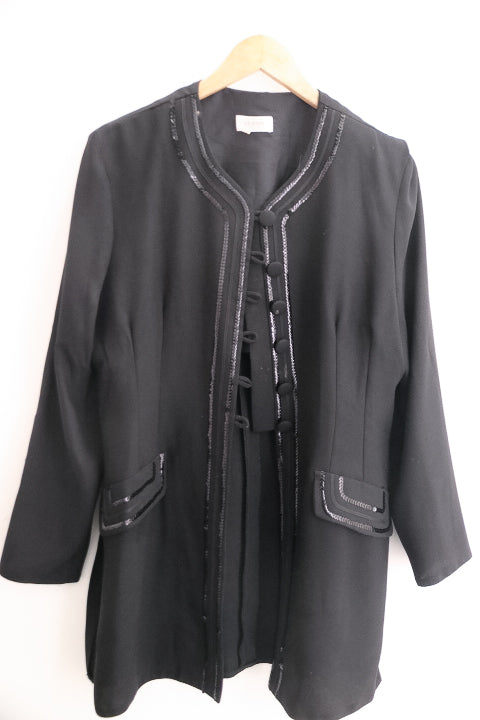 Vintage womens black midlength coat With Frog & Ribbon