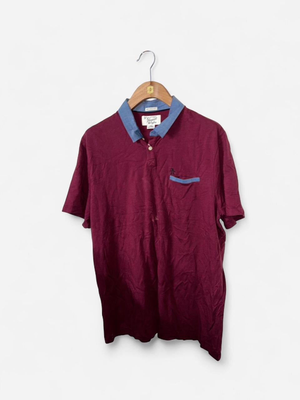 Men’s Penguin Burgundy and blue short sleeve polo shirt with collar and pocket #polo
 SKU 7172
L 32  W 23
