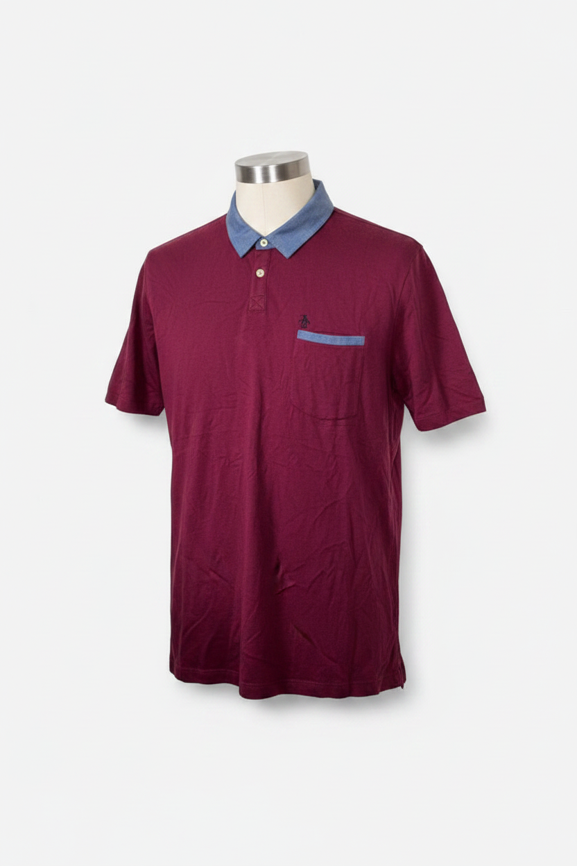Original Penguin men's polo shirt in a burgundy color with a blue placket