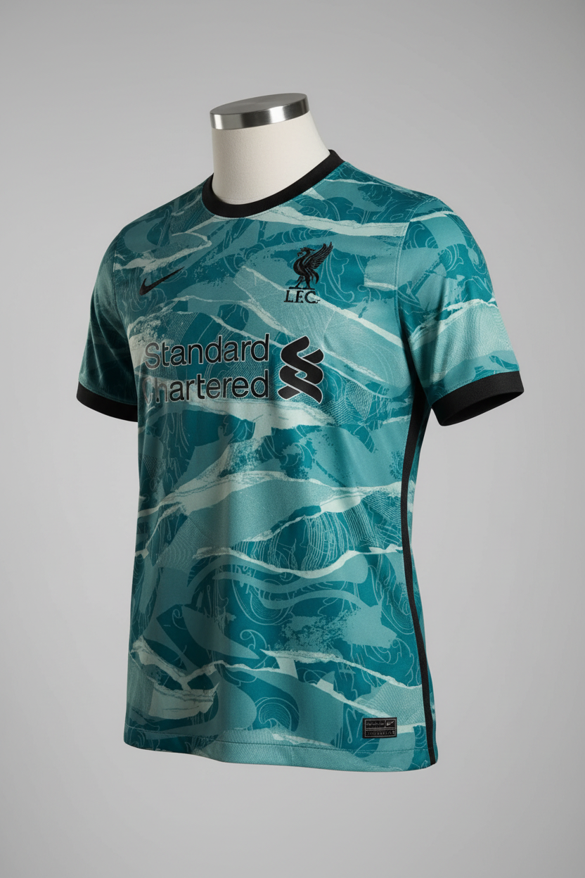 Nike FC Liverpool 20/21 Away Men's Vintage Soccer Jersey in teal and black colorway with club crest, Nike swoosh, and Standard Chartered sponsor logo.
