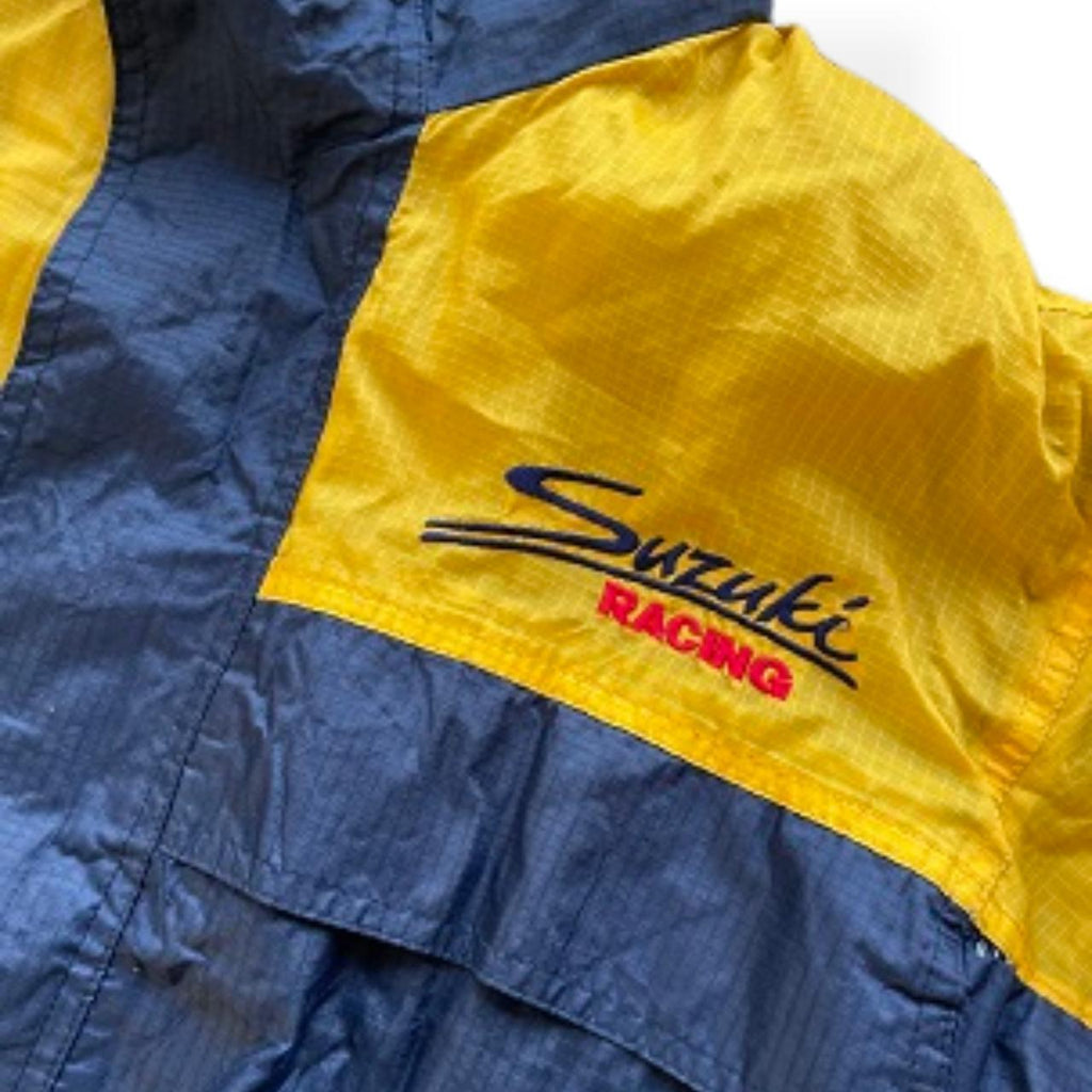 Vintage Suzuki Racing Waterproof Zip Up Windbreaker Medium hoodie Jacket in Blue and Yellow