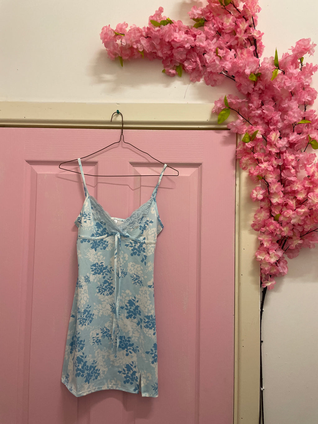 Rubynee Vintage y2k Spaghetti Strap Lace Trim Floral Blue Mini Dress