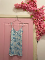 Rubynee Vintage y2k Spaghetti Strap Lace Trim Floral Blue Mini Dress