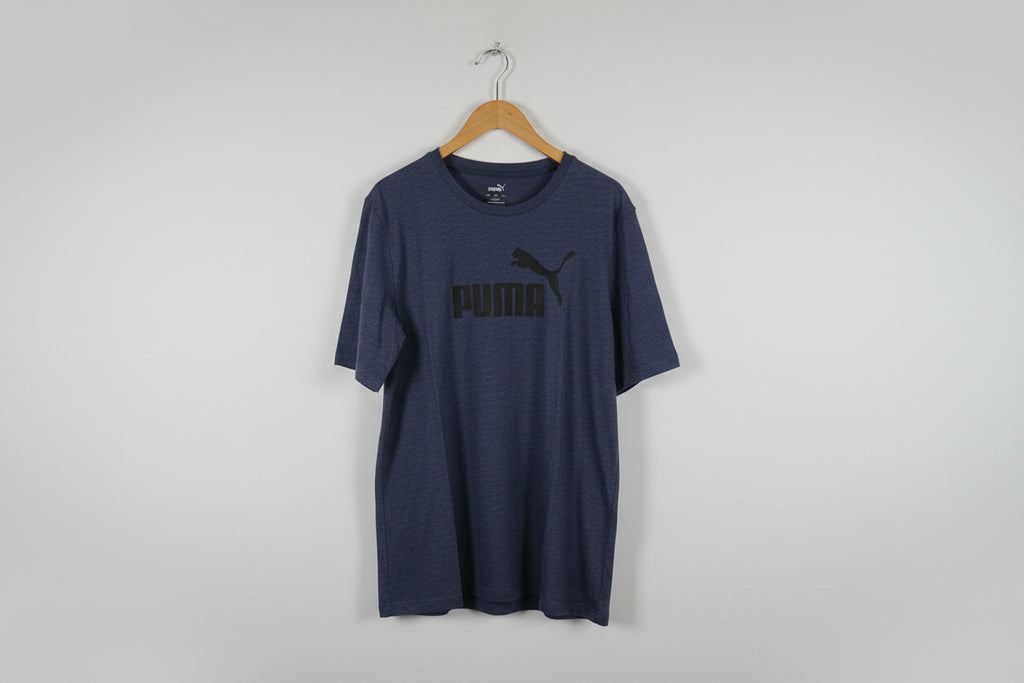 Puma men's regular fit graphic logo crew neck t-shirt in a dark blue/grey heather color SIZE 3XL SKU7340