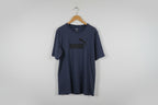 Puma men's regular fit graphic logo crew neck t-shirt in a dark blue/grey heather color SIZE 3XL SKU7340