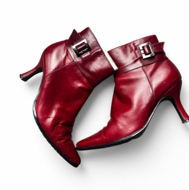 Women Lotus Red leather ankle boots with buckle  UK 4 US 7 SKU 6755