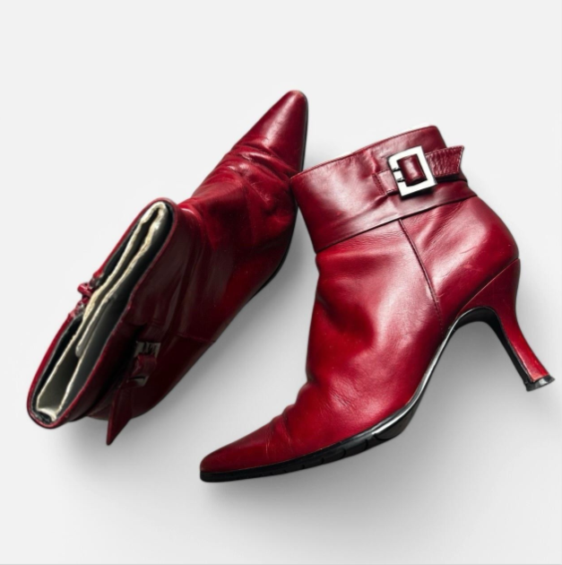 Women Lotus Red leather ankle boots with buckle  UK 4 US 7 SKU 6755