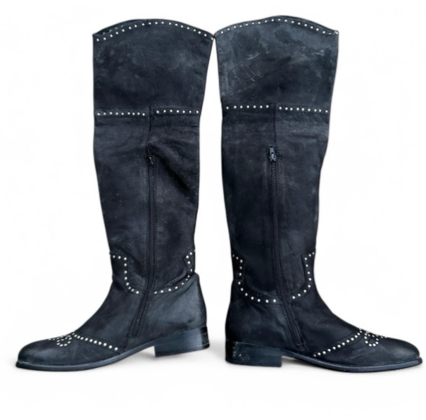 Women’s Black Leather Studded Over The Knee Moleskin Boots 41/8 Sku 6773