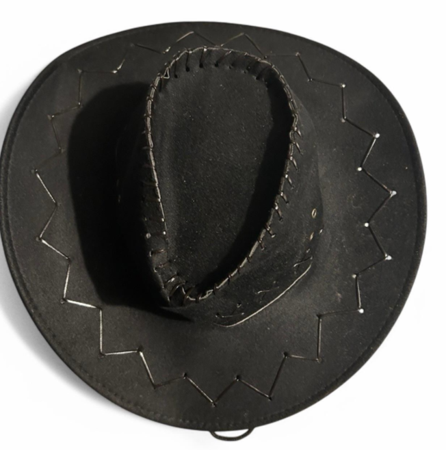 Vintage Cowboy Cowgirl Hat Whipstitched Felt Chin Strap Black Faux Suede SKU6781