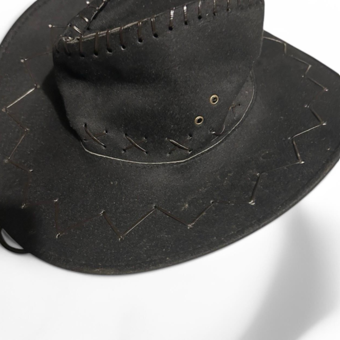 Vintage Cowboy Cowgirl Hat Whipstitched Felt Chin Strap Black Faux Suede SKU6781