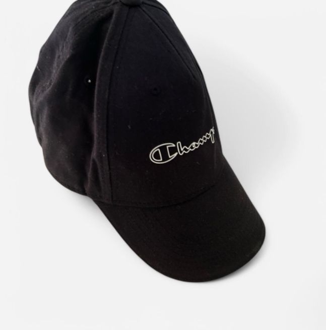 Vintage men Champion SnapBack Hat Cap Script Spellout Logo Black 90s SKU 6823