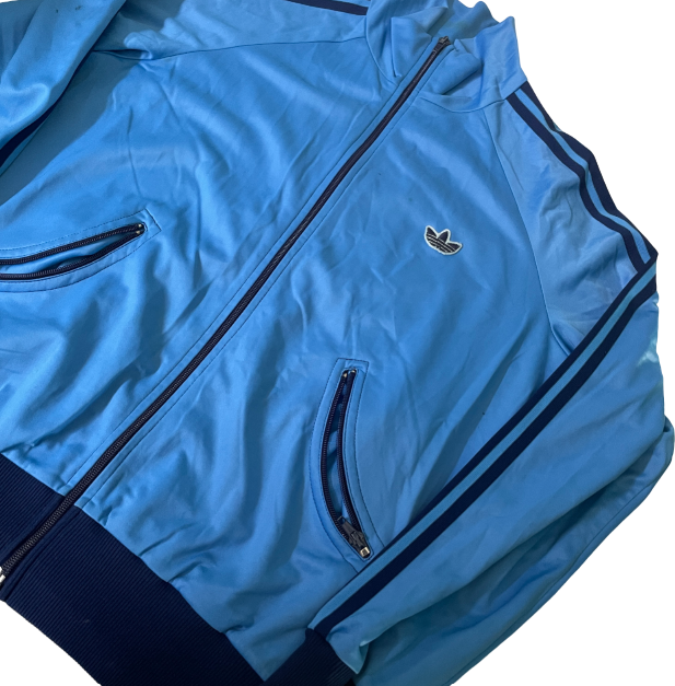 Adidas 70s vintage men unisex zip track top jacket light skye blue / navy size 90, M