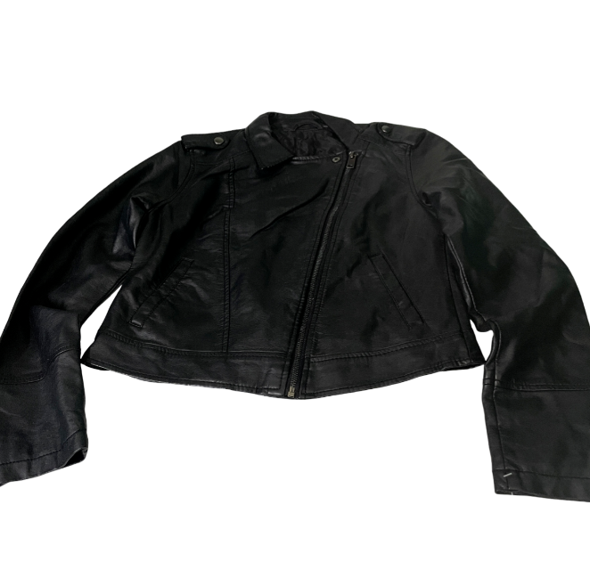 cropped leather medium jacket Womens biker black faux leather | SKU 6212