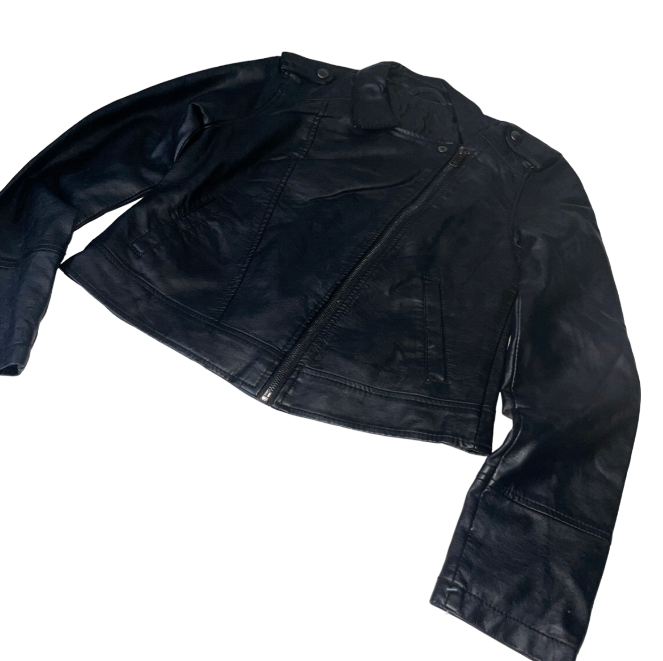 cropped leather medium jacket Womens biker black faux leather | SKU 6212