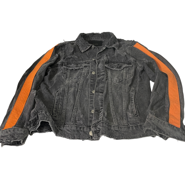 Vintage Zara Men's Distressed Black Denim Heavy Jacket with Pockets, Grey Accents, Size XL