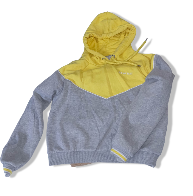 Women's FB sister grey & yellow color block small hoodie | SMALL | SKU 3616