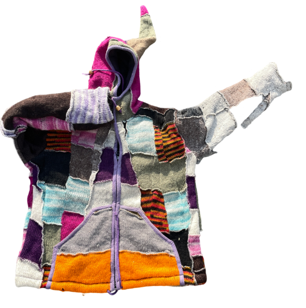 Tie Dye Patchwork Pixie thick heavy medium Hooded Fleece Lined Hippy Boho Festival Woollen Jacket