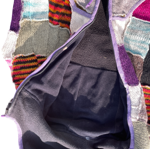 Tie Dye Patchwork Pixie thick heavy medium Hooded Fleece Lined Hippy Boho Festival Woollen Jacket