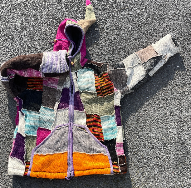 Tie Dye Patchwork Pixie thick heavy medium Hooded Fleece Lined Hippy Boho Festival Woollen Jacket