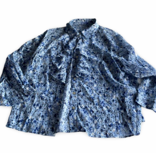 Vintage Womens Javida blue floral print front ruffle blouse shirt in size m|L25W20|SKU 5350
