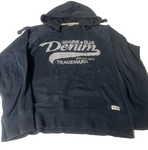 Vintage men Stock & Hank genuine denim print Navy drawstring hoodie in M|L26 W21|SKU 6518