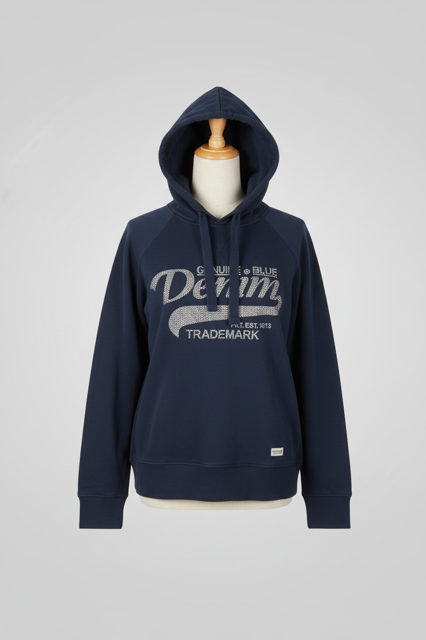 Vintage men Stock & Hank genuine denim print Navy drawstring hoodie in M|L26 W21|SKU 6518