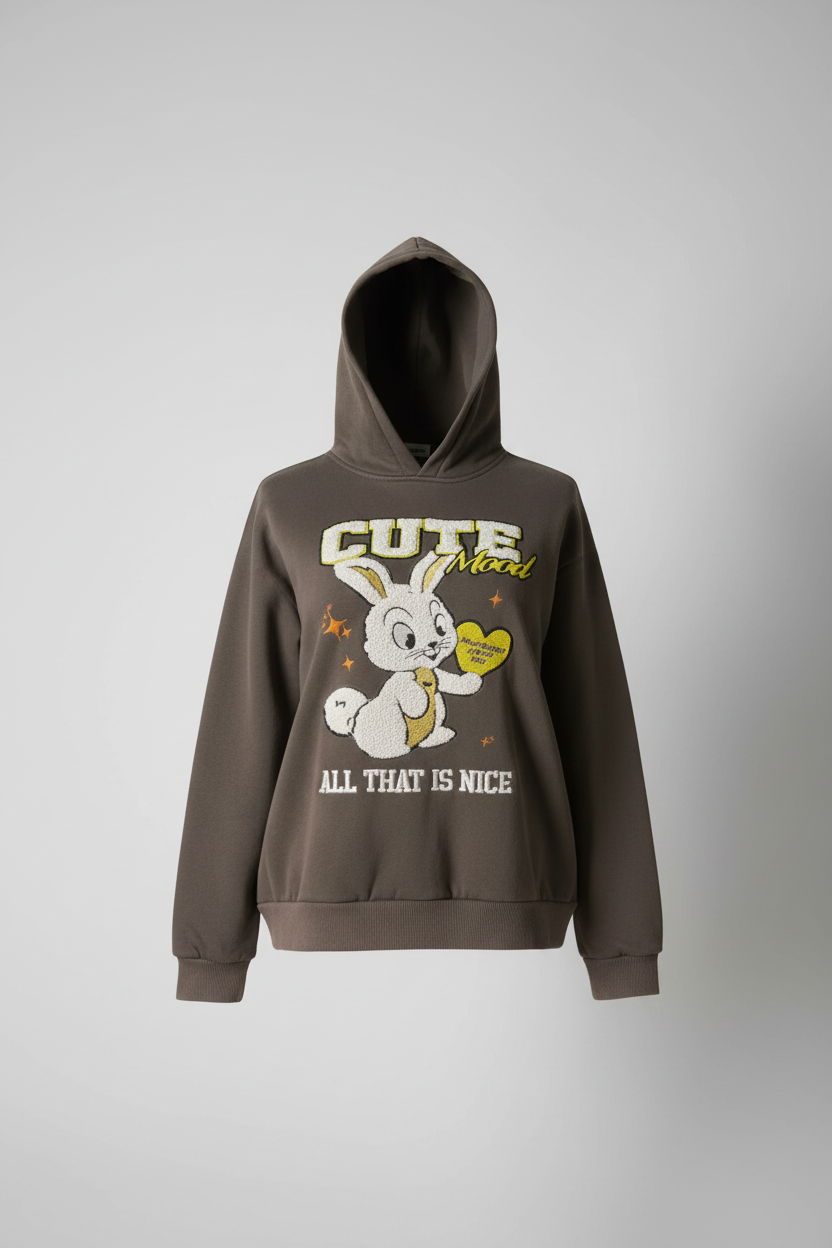 Vintage female Bershka Bunny graphics Brown Hoodie in S|L24 W23|SKU 6092