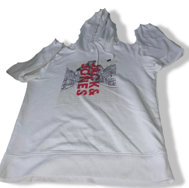 Vintage white jack and jones graphics male hoodies in M|L28 W21|SKU 6113