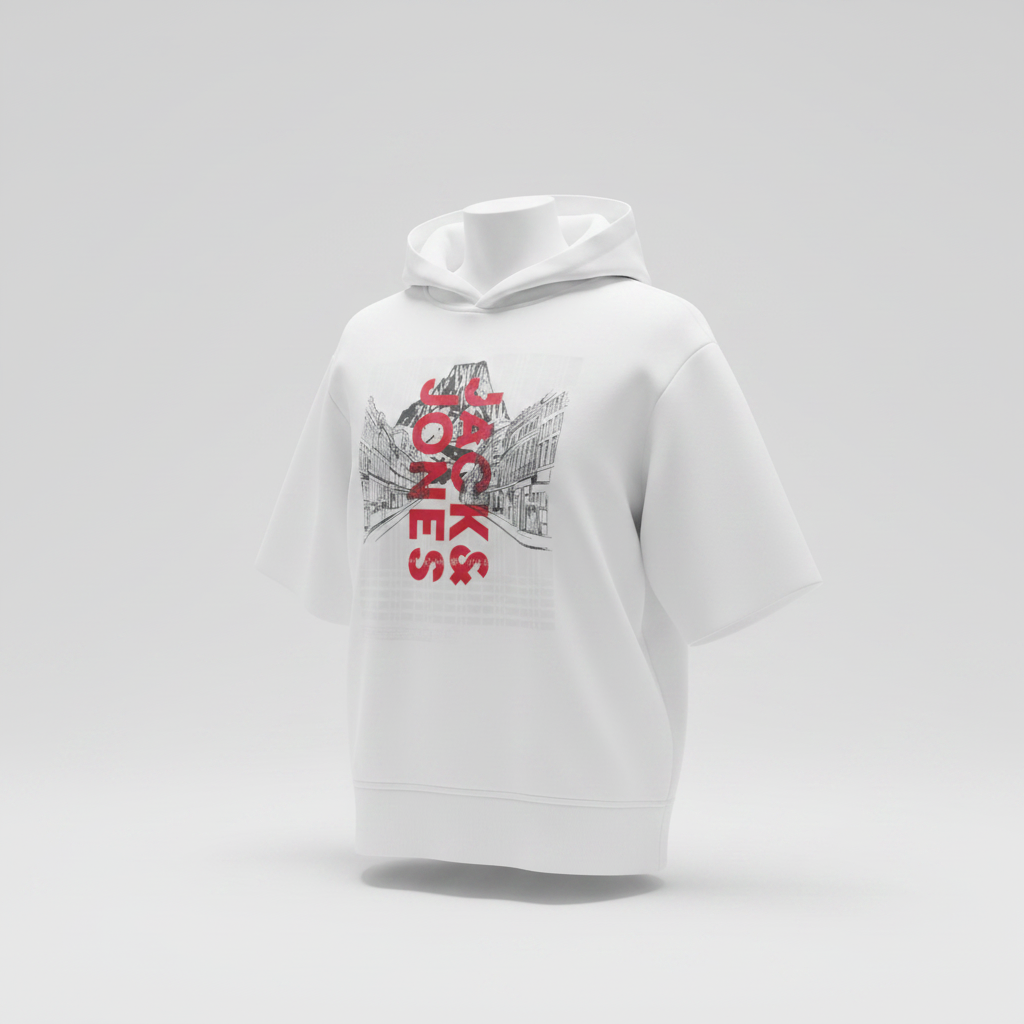 Vintage white jack and jones graphics male hoodies in M|L28 W21|SKU 6113