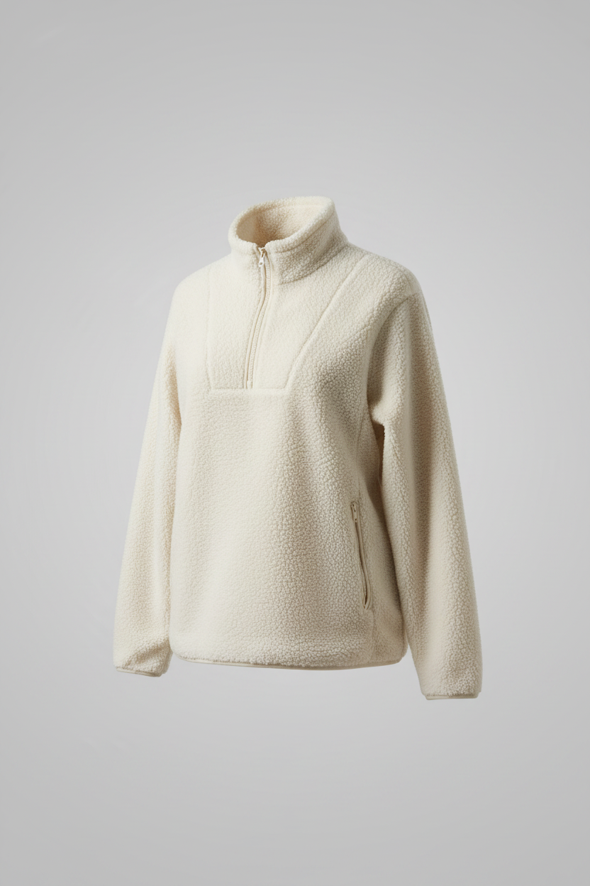 Women's Sherpa Fleece cream women Full zip high neck Jackets in L|L29 W29|SKU 6116