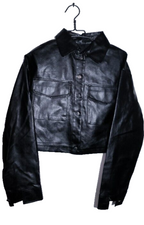 Women black Flap pocket faux leather biker crop button down jacket M/L|L21W18|SKU 6698