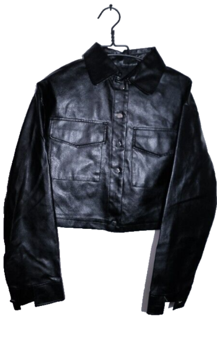 Women black Flap pocket faux leather biker crop button down jacket M/L|L21W18|SKU 6698